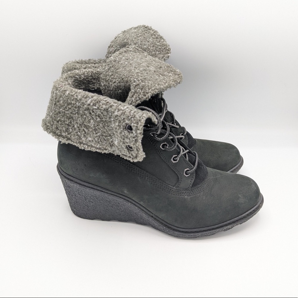 Timberland Earthkeepers Amston Roll-Top Wedge Black Leather Boots Women’s size 8